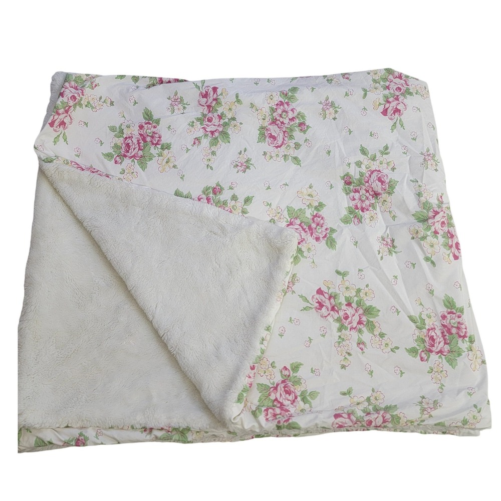 Pottery Barn Kids Floral Rose and‎ Fleece Reversible Blanket Plush Cozy 58x48 in